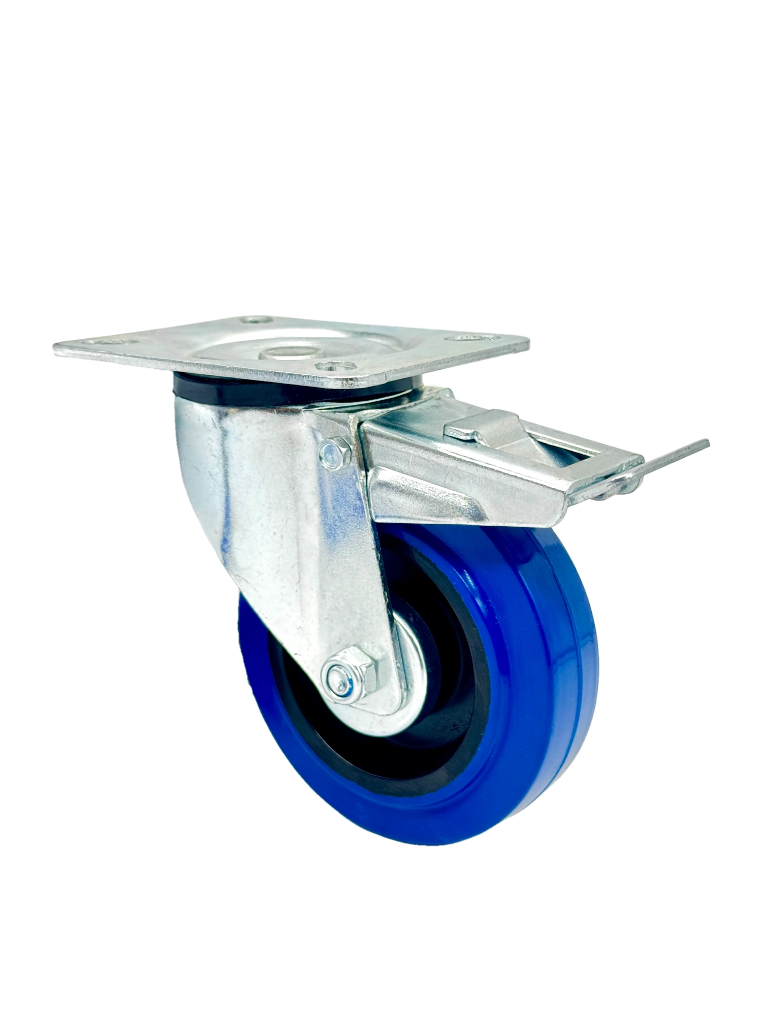 SRCLb 42 - Промышленное усиленное колесо синяя резина 100 мм (площ.,повор. с тормозом, роликоподш.)