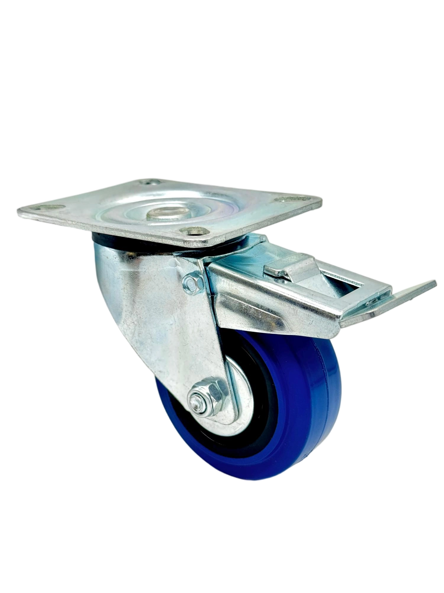 SRCLb 97 - Промышленное усиленное колесо синяя резина 80 мм (площ., повор. с тормозом,  роликоподш.)